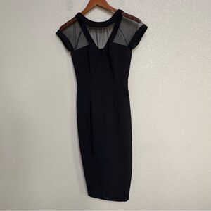 Maggy London Black Sheer Mesh Yoke V-Neck Zip Front Sheath Midi Dress US 0